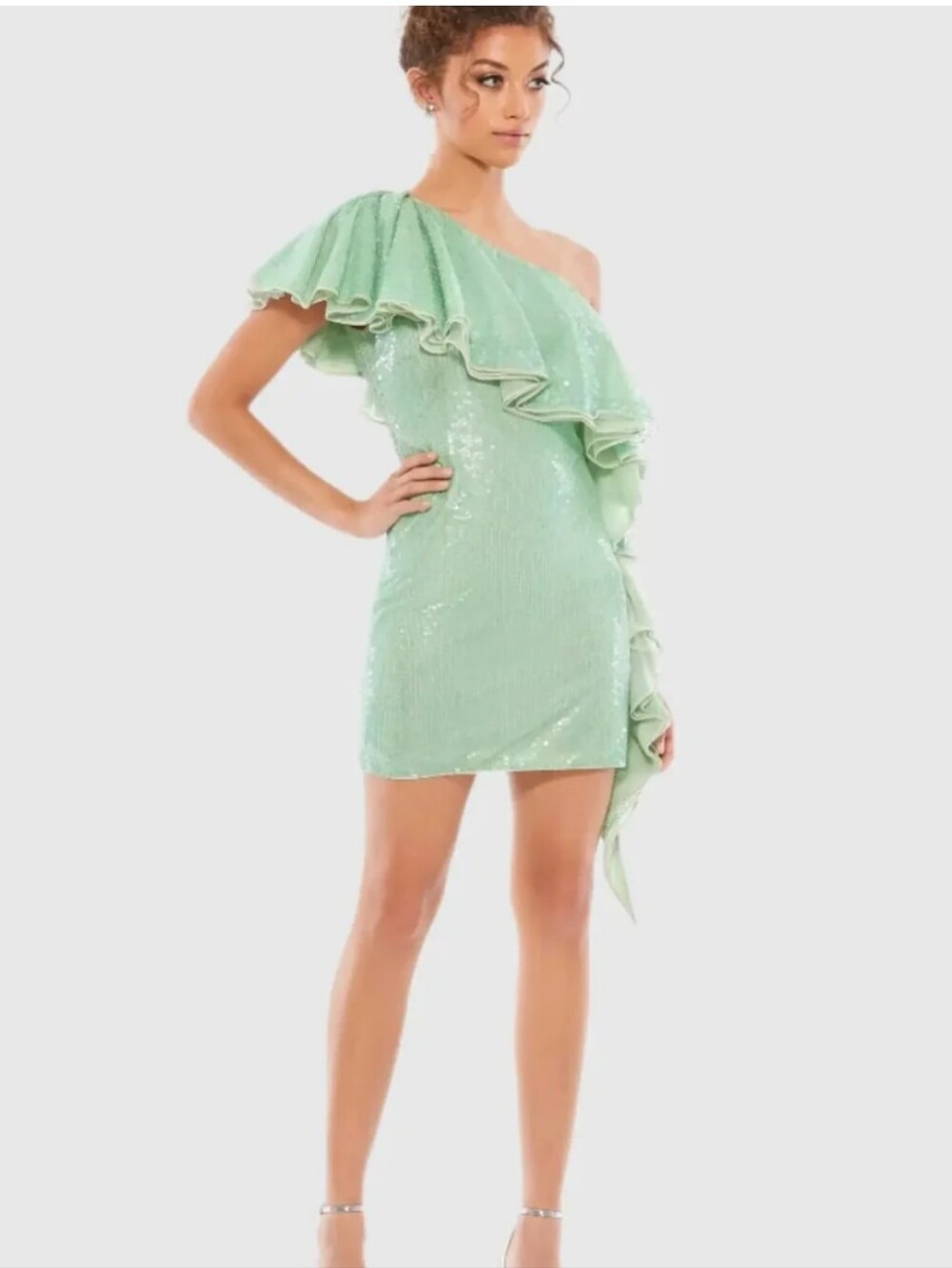 Mac Duggal One Shoulder Ruffle Sequin Green Mini Dress NWT Size 6